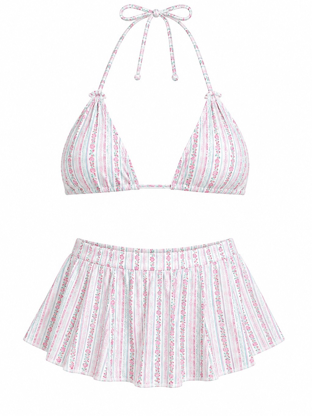 Floral Stripe Bikini Top & Skirt Set - Pink